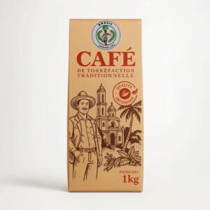 Paquet de café du Brésil 250g ou 1 kg – torréfaction artisanale traditionnelle, illustration typique sur emballage kraft.