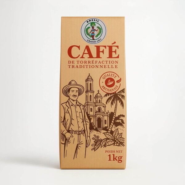 Paquet de café du Brésil 250g ou 1 kg – torréfaction artisanale traditionnelle, illustration typique sur emballage kraft.