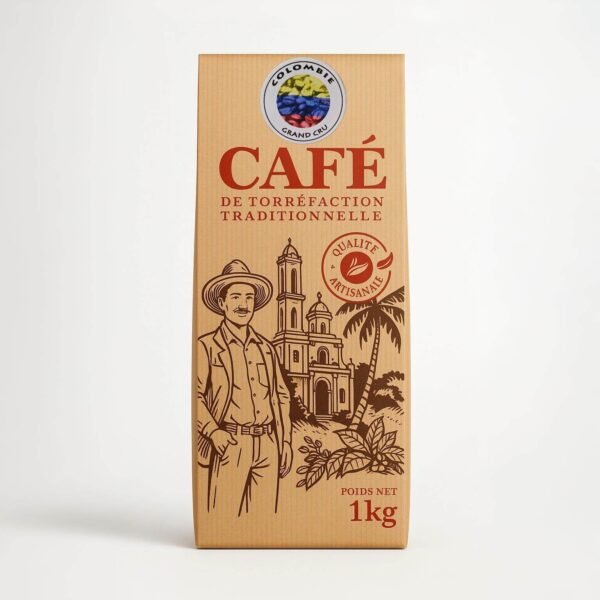 Café de Colombie. Un arôme parfumé, une saveur suave, un corps équilibré. Emballage kraft de 250g ou 1 kg